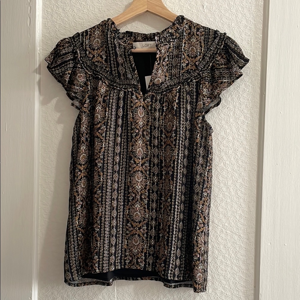 LOFT Black and Brown Patterned Women's Top